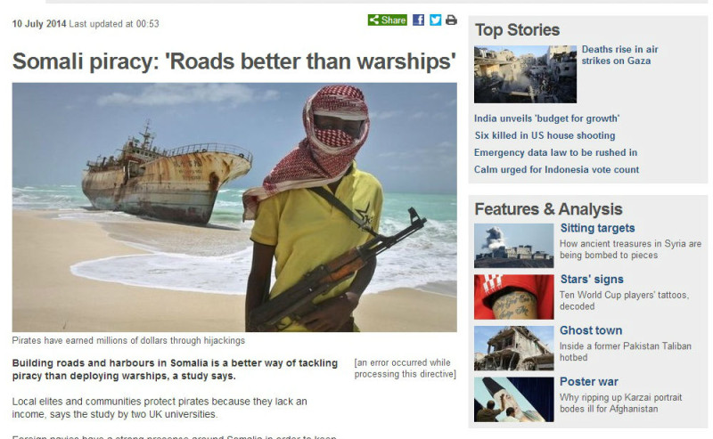 英國BBC今(10)日的報導指出，牛津大學與倫敦大學國王學院的研究將索馬利亞放縱海盜的原因，與台灣政治人物相提並論。圖：翻攝自BBC。   