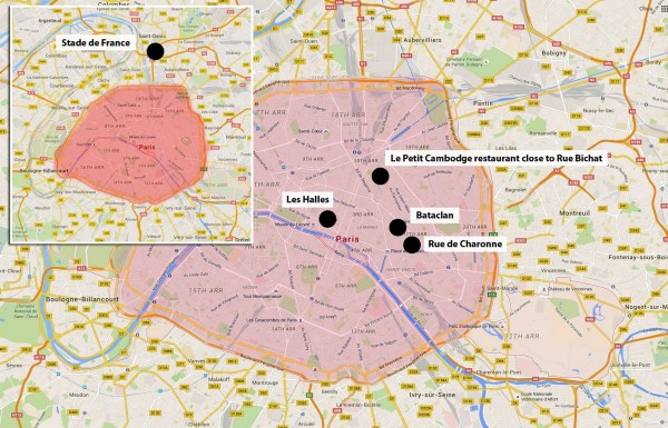 《鏡報》用較為全景的地圖顯示，可以看到被恐攻場所除了體育場之外，其餘地點都在巴黎市第10區或第11區。圖：擷取自《鏡報》   