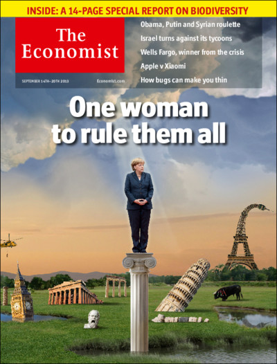 英國《經濟學人》雜誌押寶梅克爾成功連任，不過也暗示全歐洲將等著被梅克爾奴役。圖：截自《經濟學人》網站   