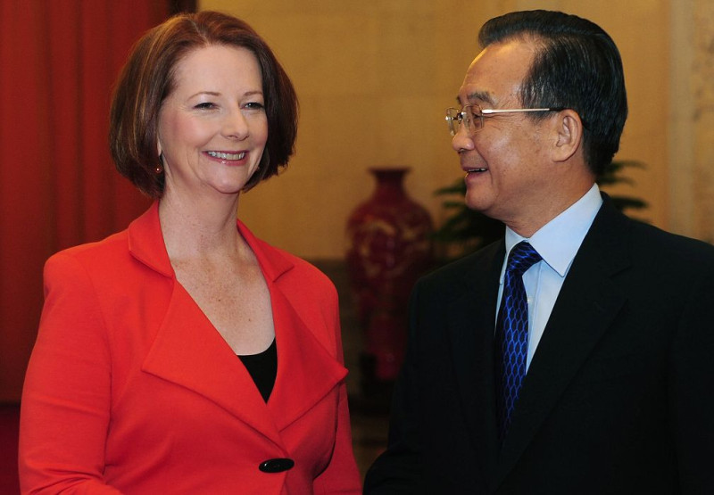 澳洲總理吉拉德首次訪中，在跟中國總理溫家寶會面後，吉拉德告訴媒體，她已經向中國表達對中國人權問題的擔心。圖片來源：達志影像/路透社。   