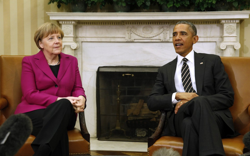 德國總理梅克爾9日訪問華府白宮與歐巴馬會晤，討論烏克蘭問題。圖片來源：達志影像/路透社   