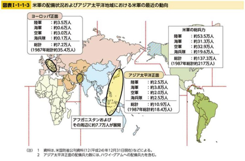 美國戰鬥機和轟炸機將沿著日本到印度這條弧線佈署，涵蓋中國全部海域。圖片2-1來源：日本防衛省2013年防衛白皮書。   