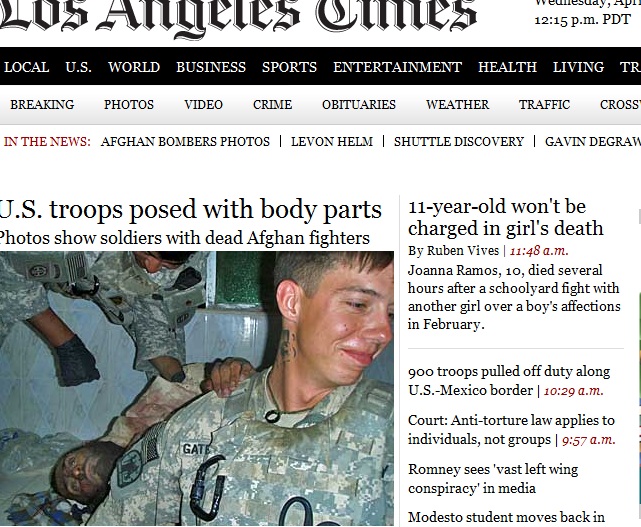 美國報紙《洛杉磯時報》18日在頭版刊登美國士兵涉嫌侮辱阿富汗武裝人員屍體的照片。圖片來源：翻攝自網路。   