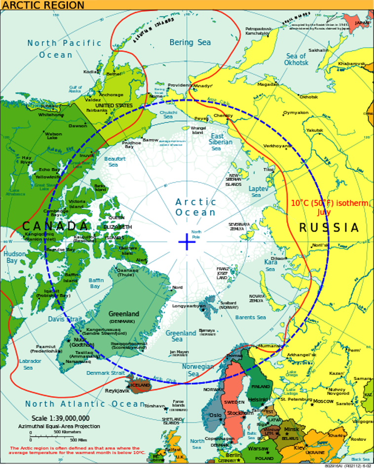 北極圈的天然資源是由加拿大、美國、俄羅斯、丹麥和瑞典所組成的「北極理事會」(the Arctic Council)監管，而中國、日本與韓國去年才取得觀察員的身分。圖中藍色圈圈內即為北極圈。圖片來源：維基共享資源取自CIA世界概況。   
