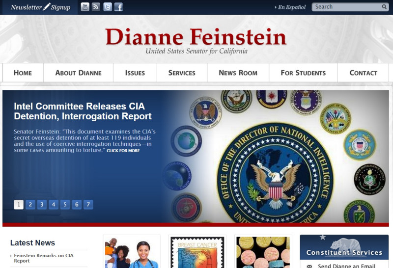 民主黨籍情報特別委員會主席范士丹(Dianne Feinstein)認定，CIA的取供手法已經是「刑求拷問」。圖片來源：范士丹官方網站。   