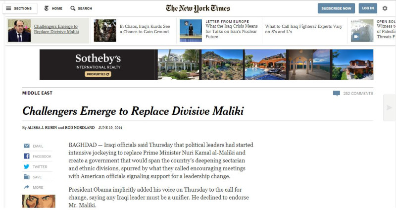 《紐約時報》(The New York Times)於台灣時間今日上午報導，歐巴馬總統昨日明確表態，呼籲伊拉克換總理，並說伊拉克的領袖必須是個能將全國聯合在一起的人。圖片來源：翻攝自《紐約時報》官方網站。   