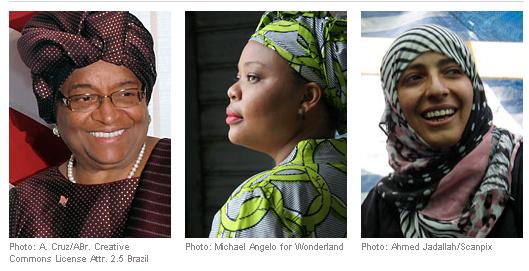 2011年諾貝爾和平獎得主，由左到右分別是賴比瑞亞總統瑟利夫(Ellen Johnson Sirleaf)、賴比瑞亞反戰人士格鮑伊(Leymah Gbowee)，以及葉門人權運動人士卡門(Tawakul Karman)。圖片來源：翻攝自諾貝爾獎網站。   