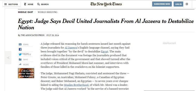 埃及法官謝哈塔(Mohammed Nagi Shehata)解釋重判半島電視台3名記者的理由：受惡魔的引導結合起來顛覆埃及。圖片來源：翻攝自《紐約時報》。   