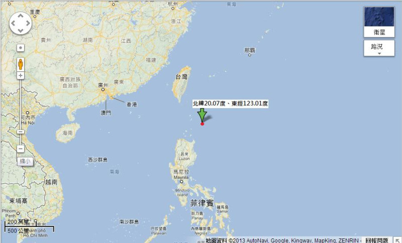 台菲海事爭端發生於北緯20.07度、東經123.01度海域。圖片來源：Google Map。   