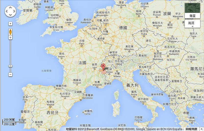法國薩瓦（Savoie）省兩名兒童發現的蝙蝠，感染狂犬病毒。圖中A標示的就是法國薩瓦省所在。圖片來源：Google Map。   