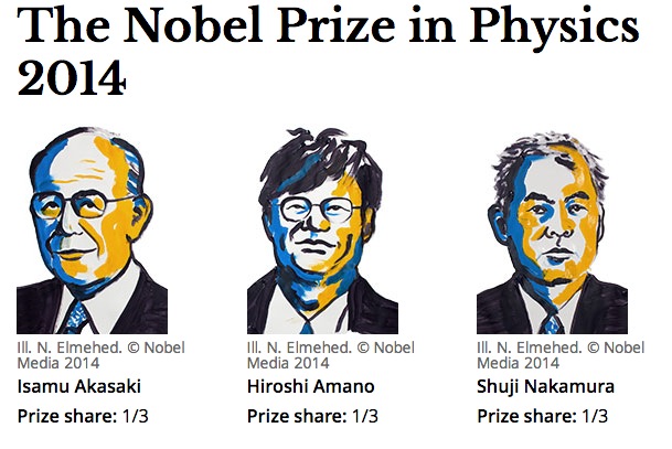 2014年諾貝爾物理學獎得主今(7)日出爐，由3位日本學者赤崎勇(左)、中村修二(右)和天野浩(中)共同獲獎。圖：翻攝諾貝爾獎官網   