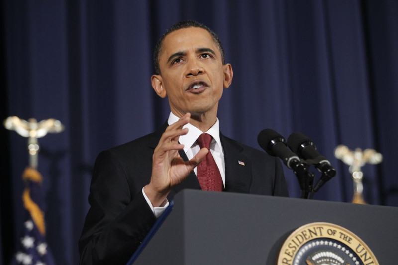 美國總統歐巴馬28日在美國國防大學發表演說，捍衛美軍在利比亞行動中的角色。圖片來源：達志影像/美聯社。   