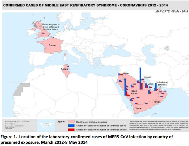 自2012年9月首次出現中東呼吸系統症候群冠狀病毒冠狀病毒感染實驗室確診病例至今，全球共向WHO通報了496例病例。圖片來源：WHO官網提供。   