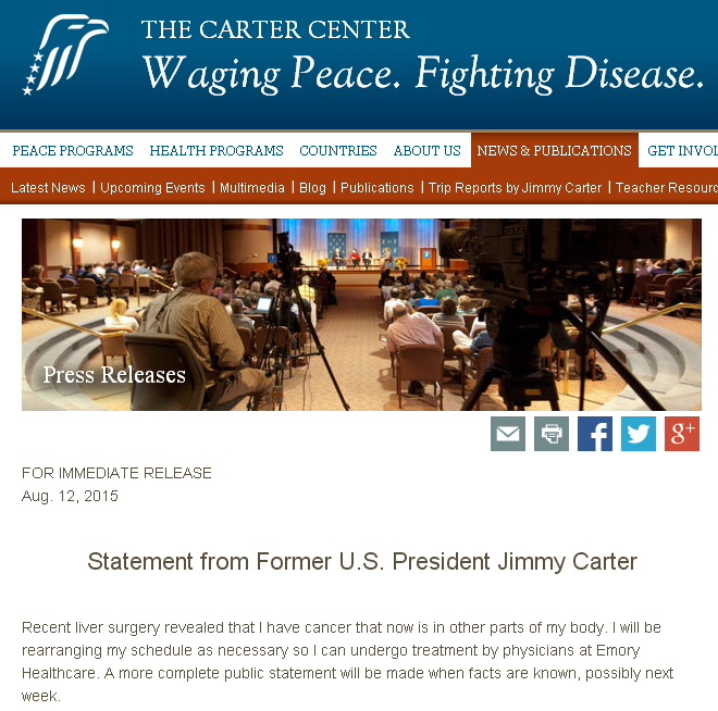 卡特在聲明中表示，將重新安排行程，以便在艾莫里健康中心接受治療。圖：翻攝自卡特中心網站&nbsp;&nbsp;&nbsp;