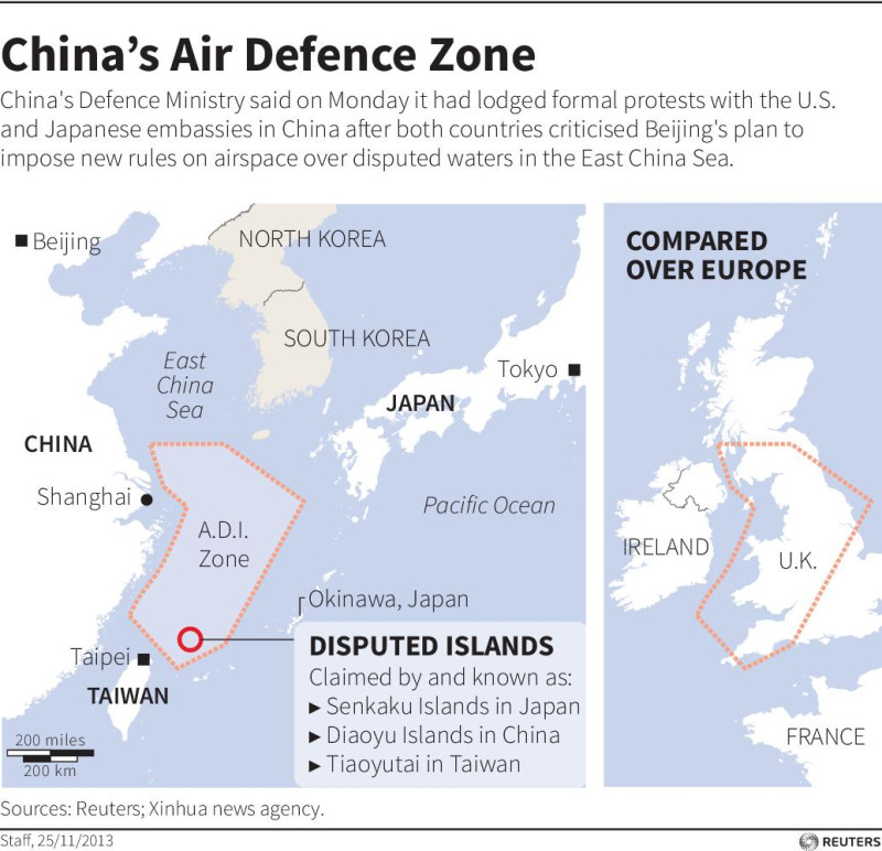 日本《每日新聞》(the Mainichi Shimbun)今(2)日報導，中國人民解放軍海軍高層早在2010年就已經知會日本政府官員，該國將擴大防空識別區。圖為東海防空識別區地圖。圖片來源：達志影像/路透社資料照片。   