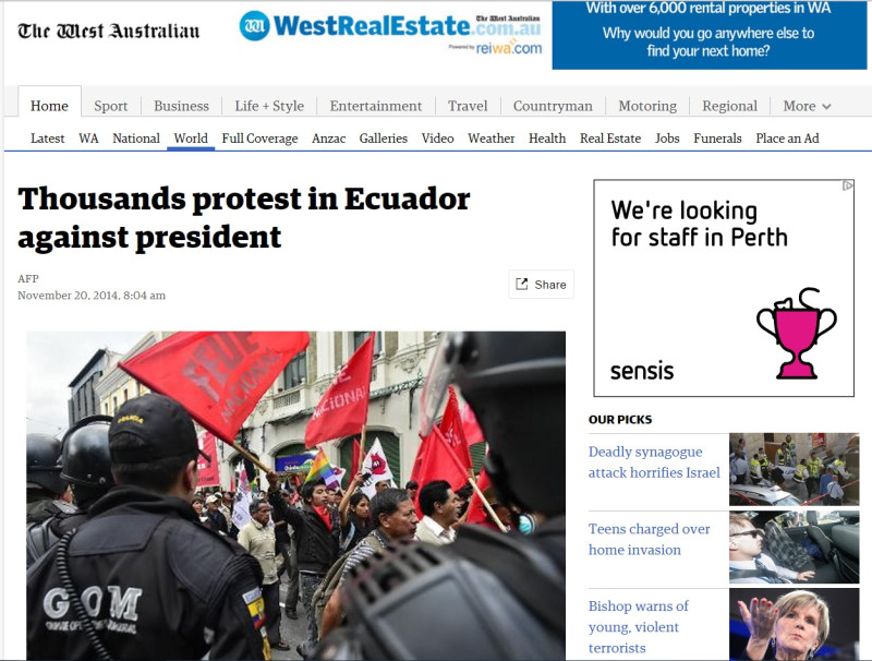 根據《西澳報》引用法新社20日報導，3千名厄瓜多抗議人士昨日在首都基多(Quito)遊行。這是9月份以來，第2次反政府示威。圖片來源：翻攝自《西澳報》官方網站。   