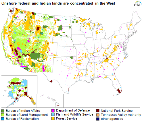 美國陸上聯邦和印地安土地多集中在西岸。圖片來源：美國能源署。   
