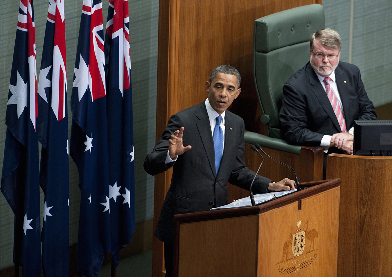 美國總統歐巴馬16日在澳洲國會發表演說表示，即使美國預算大幅削減，不會危及美國在亞洲的現代化軍事部署。圖片來源：達志影像/路透社   
