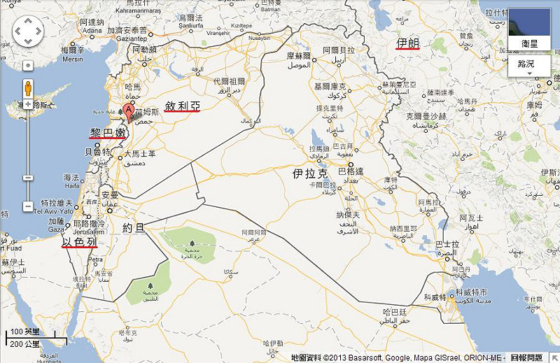 敘利亞周邊鄰國地圖。A所在地即為敘利亞重要戰略據點古賽爾鎮(Qusair)。圖片來源：Google Map。&nbsp;&nbsp;&nbsp;