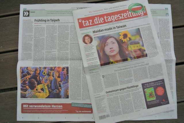 德國《日報》（taz）4日以〈台灣製造的獨立廣場〉為頭條新聞，報導台灣的太陽花學運。圖：翻攝德國《日報》（taz）   