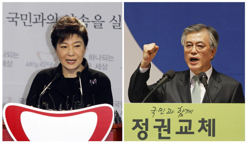 韓國即將在12月19日舉行總統大選，將由執政的新國家黨所推出的候選人朴槿惠（左）與在野的民主統合黨推出的候選人文在寅（右）激烈競爭。圖片來源：達志影像/路透社。   