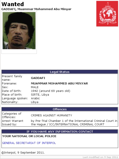 國際刑警組織（Interpol）9日正式對利比亞前領導人格達費（Moamer Kadhafi）發出「紅色通報」（red notice）。圖：翻拍自Interpol通緝令。   