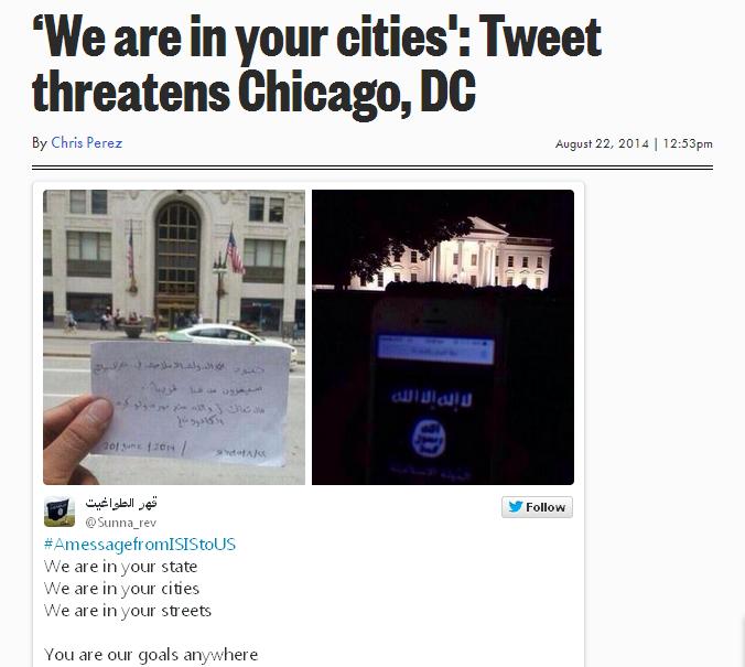 「紐約郵報」（New York Post）22日報導，出現在9日的推特照片顯示，不明人士在芝加哥一棟大樓前手中拿著字條，像美國人提出警告。圖：翻攝紐約郵報   