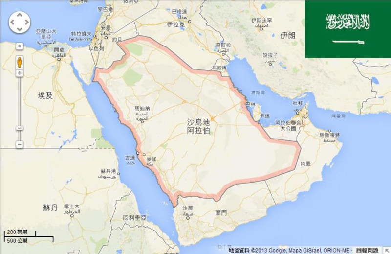 圖為沙烏地阿拉伯的地圖，圖右上為沙國國旗。圖片來源：Google Map以及維基百科，由新頭殼後製。   