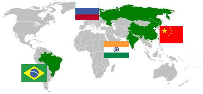 金磚4國(BRIC)的概念於2001年提出，分別為巴西(Brazil)、俄羅斯(Russia)、印度(India)、中國(China)，發音類似英文的「磚塊」(brick)。2010年加入南非，成為金磚5國(BRICS)。圖為金磚4國地理位置。圖片來源：維基百科與各國國旗。鄭凱榕/後製。   