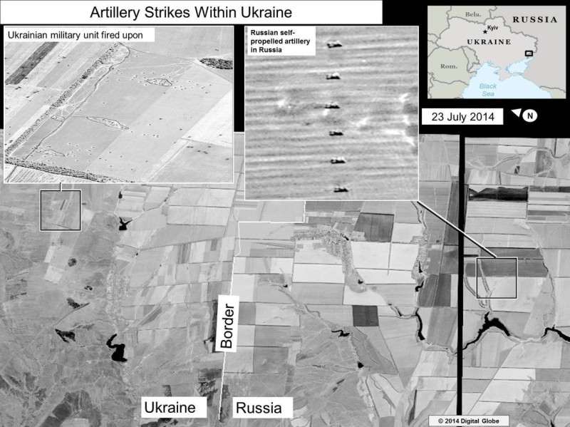 美國國務院27日公布俄羅斯和烏克蘭兩國國境附近多枚衛星的照片，證明了俄羅斯部隊在俄國境內向烏克蘭軍所在據點砲擊。圖片來源：美國國務院。   
