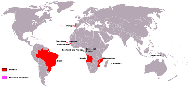 「葡萄牙語國家共同體」(CPLP)。紅色為成員國，粉紅色為觀察員國。圖片來源：維基共享資源公有領域。   