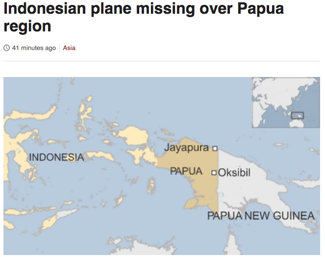 印尼特里加納航空公司（Trigana Air）16日1架載有54人的ATR 42/300客機下午在巴布亞省（Papua）失去聯絡。圖：翻攝自BBC網站   