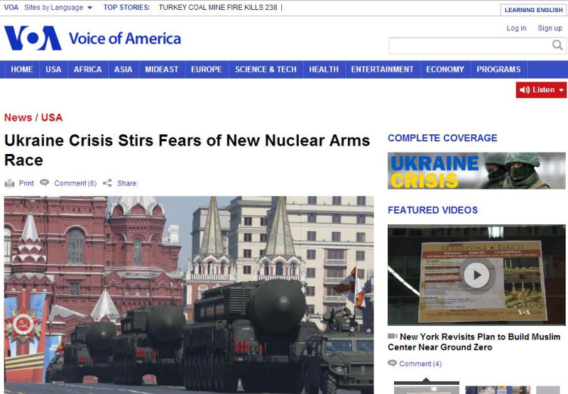 「美國之音」(Voice of America)昨(14)日以〈烏克蘭危機激起美俄新1波核武競賽憂慮〉為題，報導美軍在俄國舉行大規模核武演習的數日之後，也隨即展開規模核子「嚇阻與偵測」演習。圖片來源：翻攝自「美國之音」網站。   