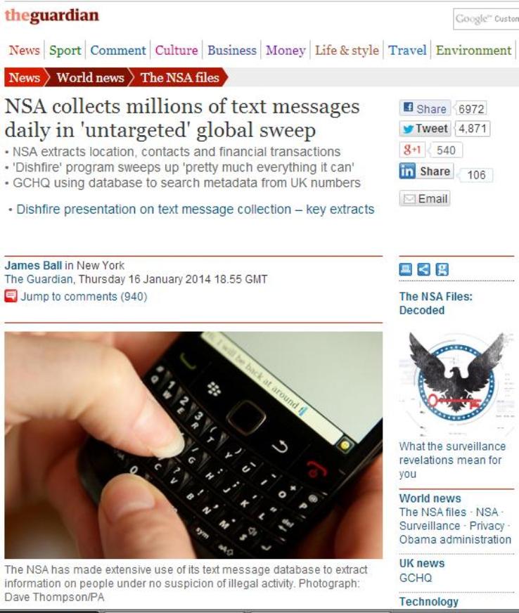 英國《衛報》(The Guardian)16日報導，美國情報機關國家安全局(NSA)大規模、無差別蒐集一般市民傳送往來的行動電話簡訊一天近2億通。圖片來源：英國《衛報》官方網站。   