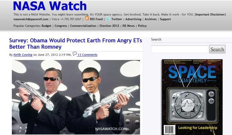 羅姆尼（左）要小心了，他抵抗外星人的能力被認為不如歐巴馬（右）。圖片來源NASAWATCH.COM。   