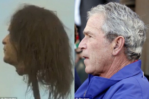 美國前總統布希（右）的頭顱道具（左）出現在HBO影集《權力遊戲》。圖片來源：網路。   