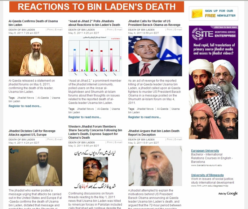 蓋達恐怖組織（Al-Qaeda）當地時間6日證實其領導人歐薩瑪‧賓拉登（Osama bin Laden）已死亡。
圖片來源：翻攝自國際恐怖主義實體搜尋研究所（SITE Intelligence Group）   