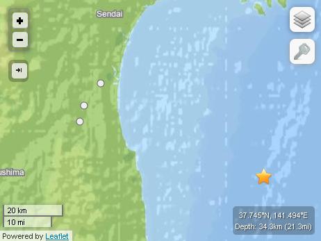 根據美國地質調查所（USGS）的資料顯示，日本本州東北部在當地時間下午2時48分左右發生芮氏規模6.0的強震。圖：翻攝自美國國家地質調查所網站   