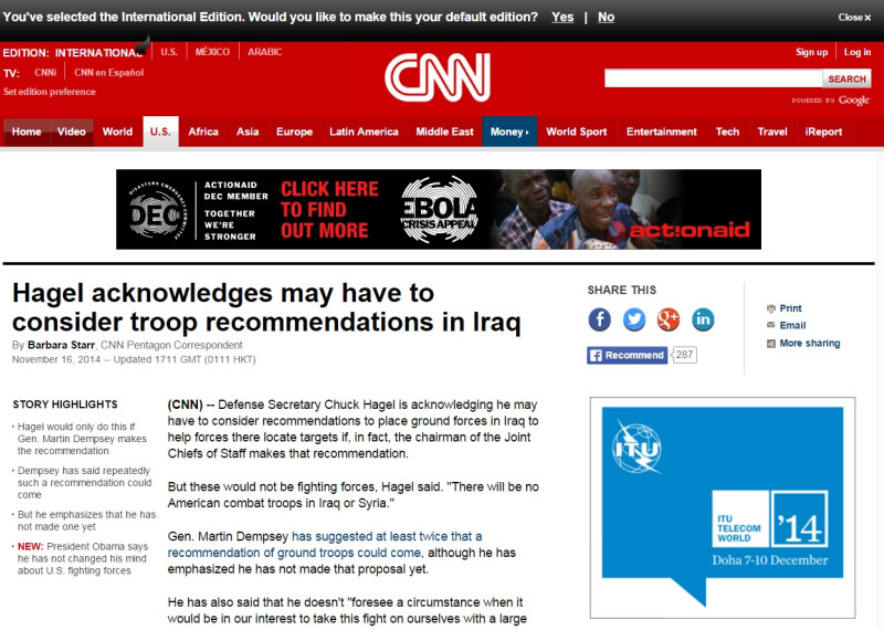 CNN於台灣時間昨(16)日下午報導，美國國防部長黑格(Chuck Hagel)承認，如果參謀首長聯席會議主席建議派出地面部隊去伊拉克，他很可能必須加以考慮。圖片來源：翻攝自CNN網站。   