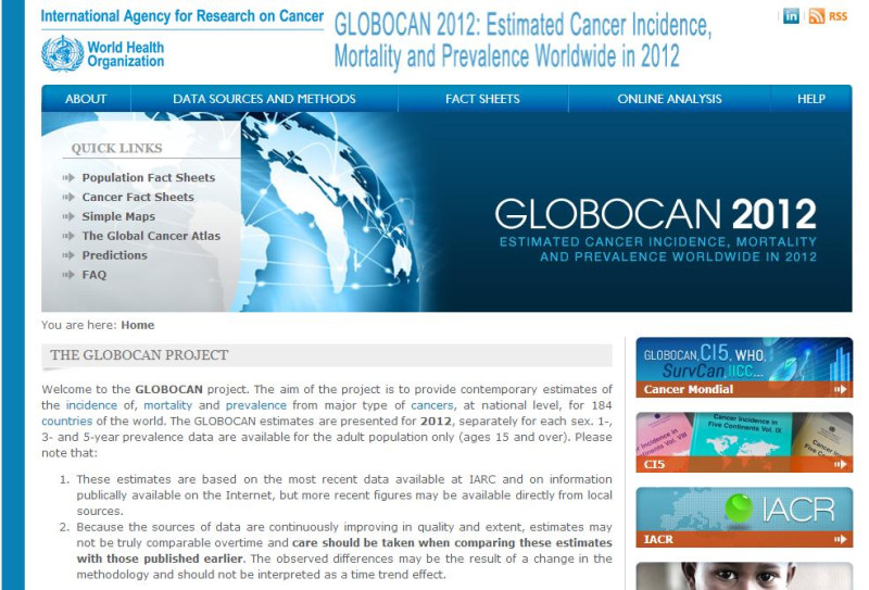 世界衛生組織(WHO)所屬國際癌症研究機構12日針對全球2012年癌症狀況發布報告。圖片來源：國際癌症研究機構官方網站。   