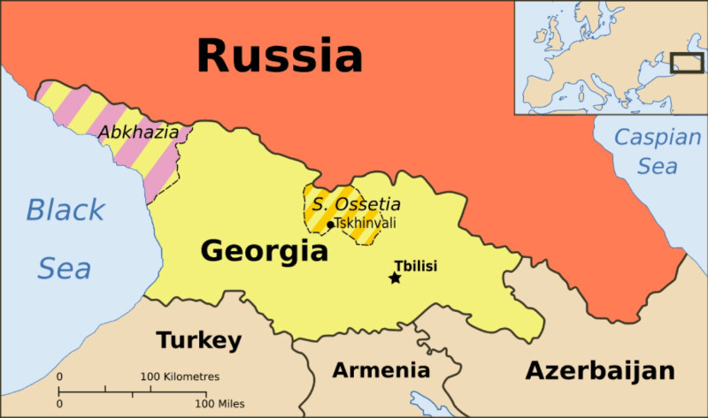 與俄羅斯接壤的喬治亞共和國，2日緊急遞件申請加入歐盟。圖中兩斜線區域為2008年俄羅斯承認分離主義的南奧賽提亞與阿布哈茲。   圖：翻攝網路