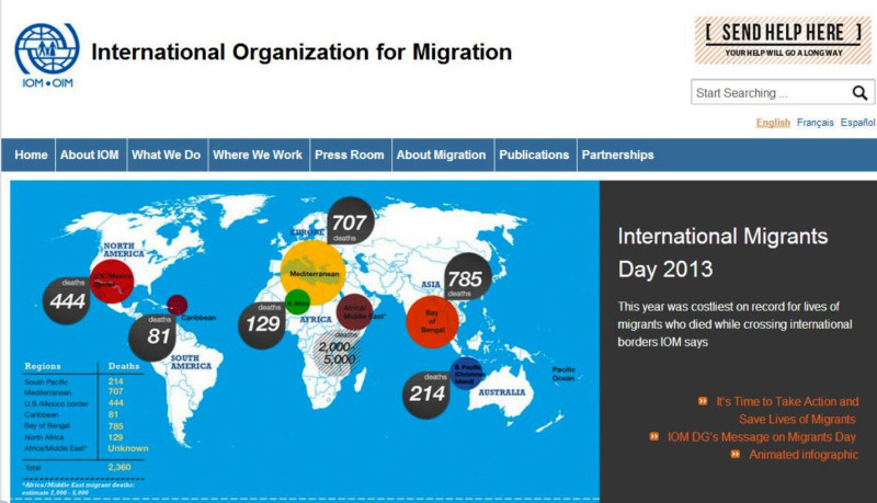 國際移民組織(IOM)26日表示，這場節慶中的悲劇事件，再次將大家的注意力集中到「絕望移民」的問題上。圖為2013年非法移民在全球各地死亡人數。圖片來源：國際移民組織官方網站。   