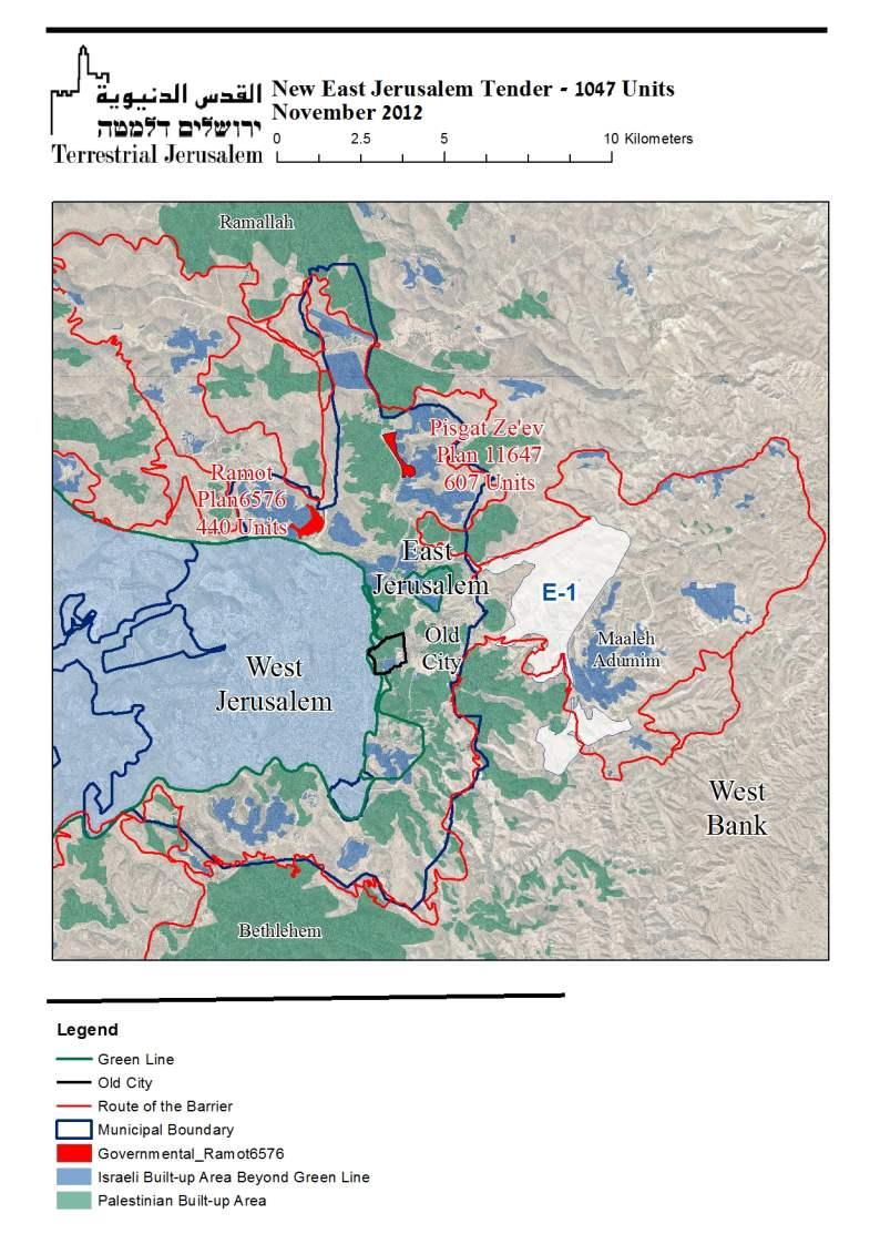 以色列在前(2012)年11月30日批准在備受爭議的E1地區修建數千戶猶太人定居點住宅計畫。猶太人定居點將在「綠線」(Green Line，1967年中東戰爭前停火線)之外的東北部連接耶路撒冷和馬阿勒阿杜明，分割約旦河西岸的北部和南部，使未來的巴勒斯坦國難以運轉。圖片來源：以色列安置計畫專家席德曼(Daniel Seidemann)。   