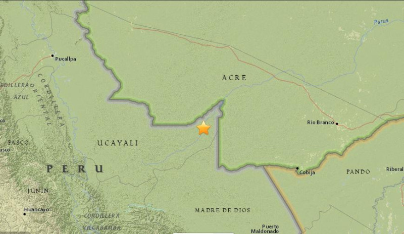 秘魯與巴西邊境亞馬遜盆地地區發生規模7.5地震，震源深度達602公里。圖：翻攝美國地質調查局   