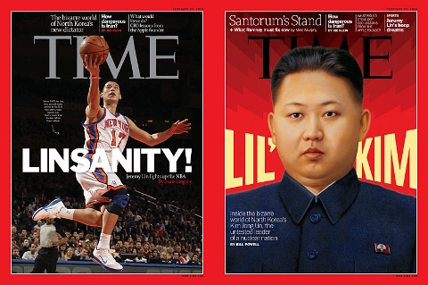 2月27日發行的美國《時代週刊》(Time) ，亞洲版的封面是林書豪，美國版、歐洲版和南太平洋版的封面則是金正恩，兩種版本的標題都十分有趣。(圖片來源:網路)   