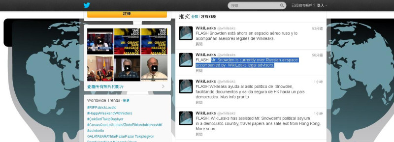 維基揭密（WikiLeaks）今(23)日下午5點多透過Twitter表示，維基揭密已協助史諾登在一個民主國家尋求政治庇護。圖片來源：翻攝自Twitter。   