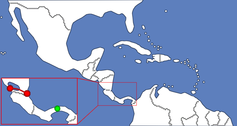 圖中紅色兩點連成的線，是計畫要開鑿連接加勒比海與太平洋的尼加拉瓜大運河。綠色的部分為現存巴拿馬運河。圖片來源：維基共享資源CC授權。   