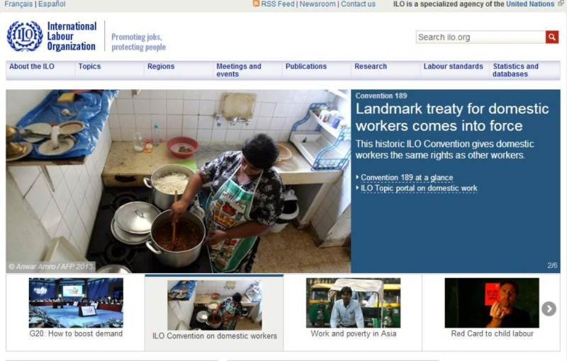 國際勞工組織的《家政勞工公約》於9月5日正式生效。公約的生效奠定了里程碑，將賦予家政勞工享有和其他基本勞工一樣的同等權益。圖片來源：翻攝自國際勞工組織(ILO)官方網站。   