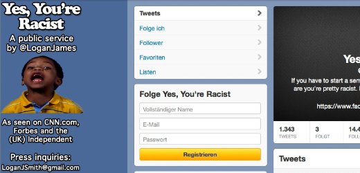 美國1位網路公共論壇主編史密斯註冊了1個推特帳號：「沒錯，你就是種族主義者」(@YesYoureRacist)。當他發現有人又講「我不是個種族主義者，但…」時，就上門踢館。圖片來源：翻攝自網路。   