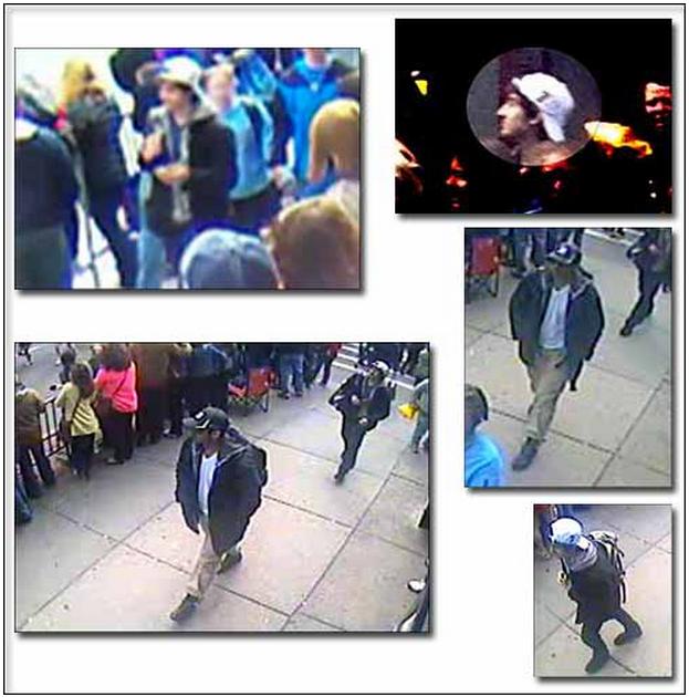FBI今天公布馬拉松爆炸案中嫌疑犯的影像，戴黑色帽子的疑犯定為「1號疑犯」，白帽子的則是「2號疑犯」。圖片來源：翻攝FBI官網   
